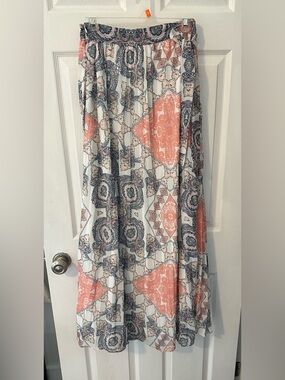 Flowy Printed Maxi Skirt in Coral and Navy